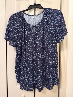 SHEIN Floral Tie-Neck Women's Blouse - Navy Blue w/Floral Print